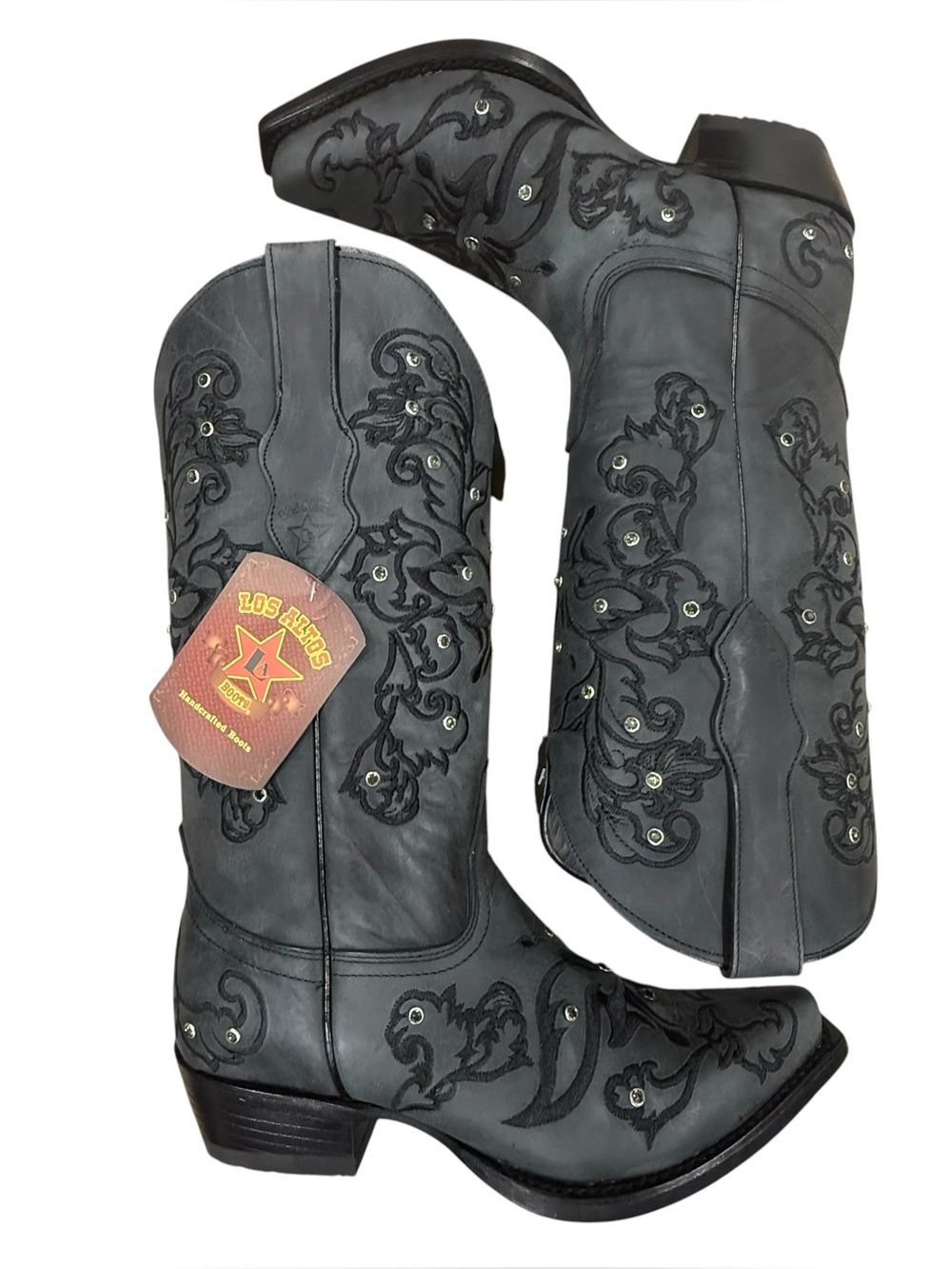 💎LOS ALTOS SWAROVSKI CRYSTAL BOOTS💎Black on Black Embroidery - Size 8